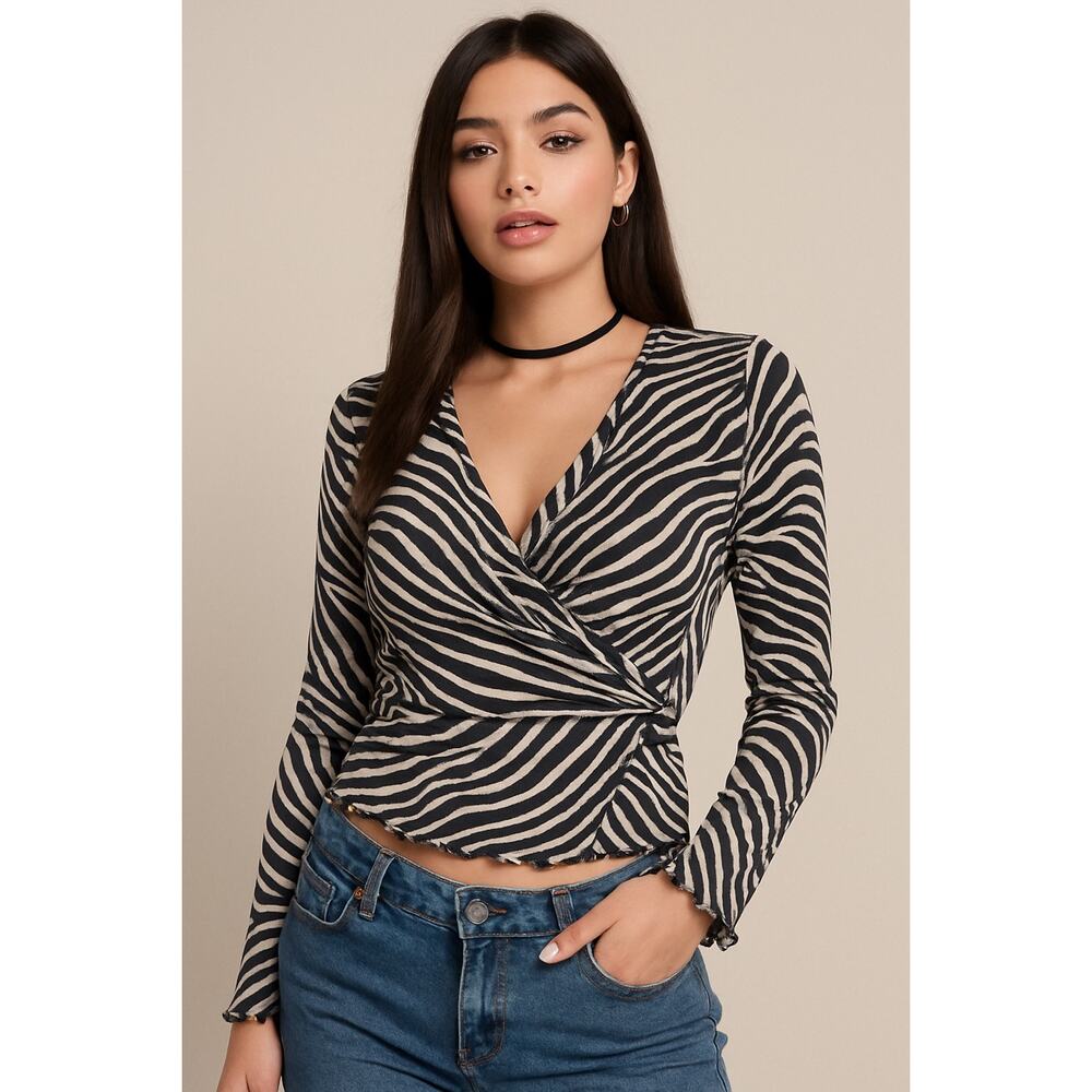 Vintage Y2K Harold's Sheer Mesh Wrap VNeck Lettuce Hem Zebra Print Top Size Med